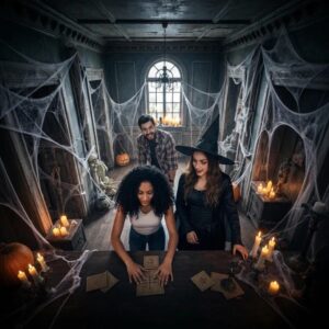 3cfa15d6 4a63 4df3 bf04 6f00e88a24a1webp - Brainy Actz Escape Rooms Group of friends enjoying a Halloween escape room filled with spooky decorations and engaging puzzles