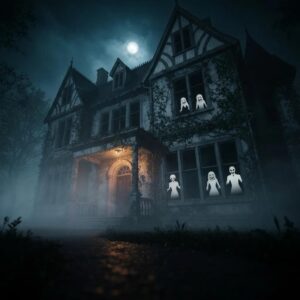 6c4b5d3b fb2a 40ca adff 32fe917f4910webp - Brainy Actz Escape Rooms Spooky haunted house at night with eerie gothic architecture and shadowy figures