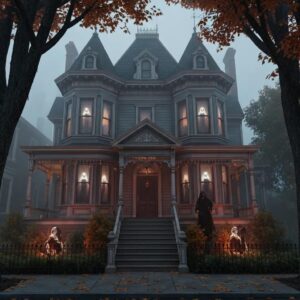 746d6bef 4e34 49a5 8731 e12f2426adb0webp - Brainy Actz Escape Rooms Haunted house in San Diego decorated for Halloween with eerie lights and autumn leaves