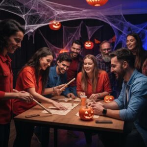 e70a318a 5fd2 430b 860a 6bdfeef3bf33webp - Brainy Actz Escape Rooms Team members collaborating in a Halloween-themed team-building activity with spooky decorations