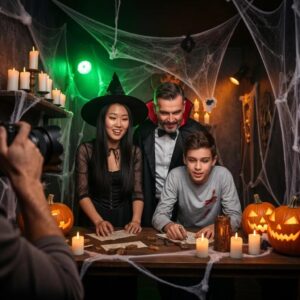 halloween escape room with spooky decorations and participants engaged in solving puzzles 23b530aa 0615 46d4 bb82 9c5ba1adaabewebp - Brainy Actz Escape Rooms Halloween escape room with spooky decorations and participants engaged in solving puzzles