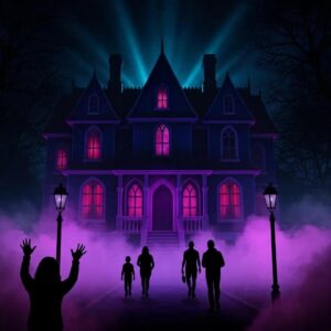 haunted house at night with eerie lights and fog representing top rated haunted attractions 9a2337ac bda7 44f5 a585 696fc1ecef52webp - Brainy Actz Escape Rooms Haunted house at night with eerie lights and fog, representing top-rated haunted attractions