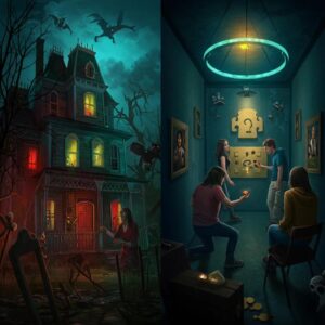 comparison of a haunted house and an escape room highlighting sensory overload and puzzle solving themes 3ac983eb 861a 4d9b a58c c005355224d7webp - Brainy Actz Escape Rooms Comparison of a haunted house and an escape room, highlighting sensory overload and puzzle-solving themes