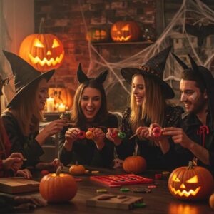 friends celebrating halloween with costumes and interactive activities in a festive setting d588b6a5 9392 4418 929c 0493a279c0a1webp - Brainy Actz Escape Rooms Friends celebrating Halloween with costumes and interactive activities in a festive setting