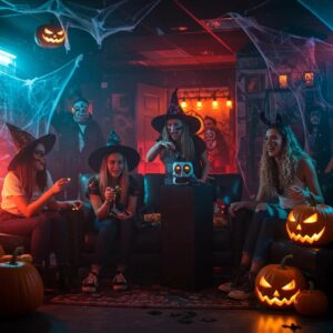 group of friends enjoying an indoor halloween escape room experience with spooky decorations eeef4ec4 e48a 4c43 924f b8b8fe346e36webp - Brainy Actz Escape Rooms Group of friends enjoying an indoor Halloween escape room experience with spooky decorations