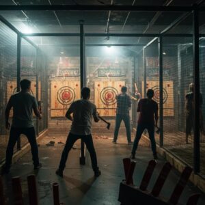 group of friends enjoying zombie themed axe throwing with spooky lighting and fog effects 0c1d816b 4a6e 4cd4 8c33 7a91f119274ewebp - Brainy Actz Escape Rooms Group of friends enjoying zombie-themed axe throwing with spooky lighting and fog effects