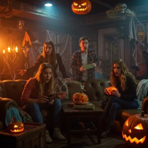 group of friends immersed in a halloween escape room surrounded by spooky decorations and engaging puzzles 9b6bfc90 0785 4957 a710 653bd7e65457webp - Brainy Actz Escape Rooms A group of friends, faces alight with excitement and a touch of fear, are engrossed in a Halloween-themed escape room, surrounded by eerie decorations and intricate puzzles.