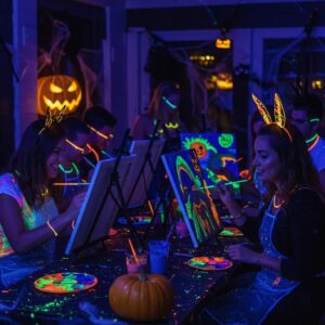 group of friends painting at a glow in the dark halloween party under ultraviolet lights 000d203d b20b 4b32 931e fbf557ff67fawebp - Brainy Actz Escape Rooms Group of friends painting at a glow-in-the-dark Halloween party under ultraviolet lights