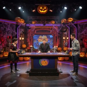 halloween game show set with participants in costumes solving puzzles under spooky decorations 5876cccb 8587 439d bdaf fa31c485f29awebp - Brainy Actz Escape Rooms Halloween game show set with participants in costumes solving puzzles under spooky decorations